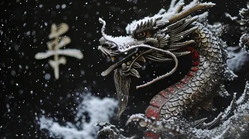 Estatua detallada de un dragón cubierta de nieve de fondo