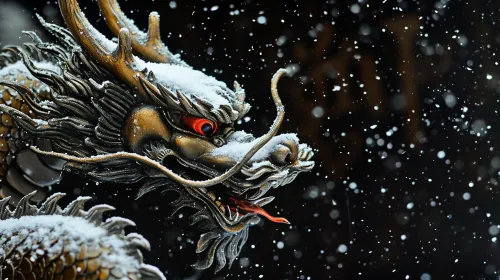 Snow-covered dragon statue against a black night background