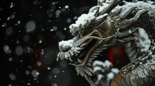 Imagen de un dragón cubierto de nieve contra un cielo oscuro