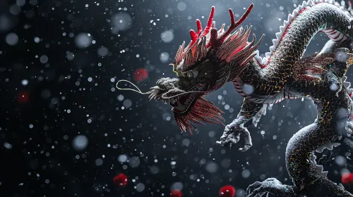 Imagen de un dragón imponente, rodeado de copos de nieve y una atmósfera mágica