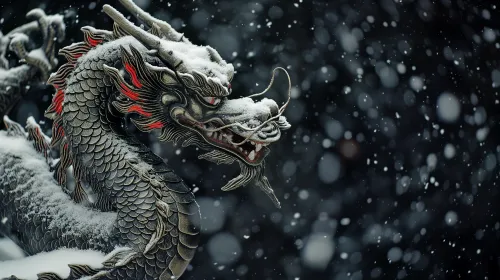 Image of a dragon covered in snow with bright red accents