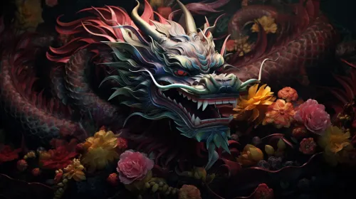 Image of a dragon against a backdrop of colorful flowers and plants