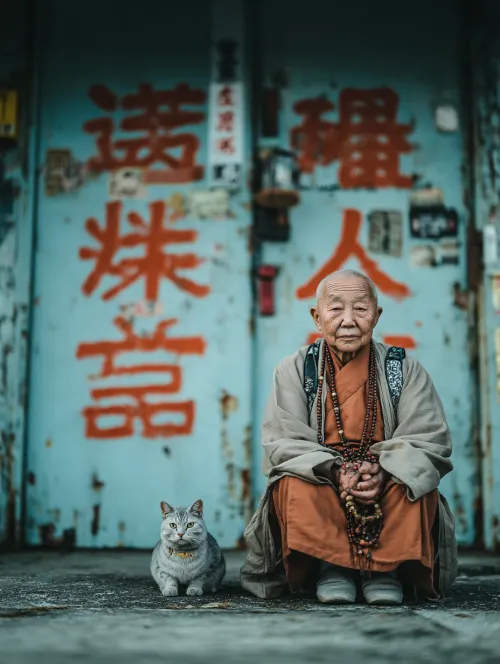 A monk in traditional clothing sits next to a gray cat against a backdrop of a street with inscriptions