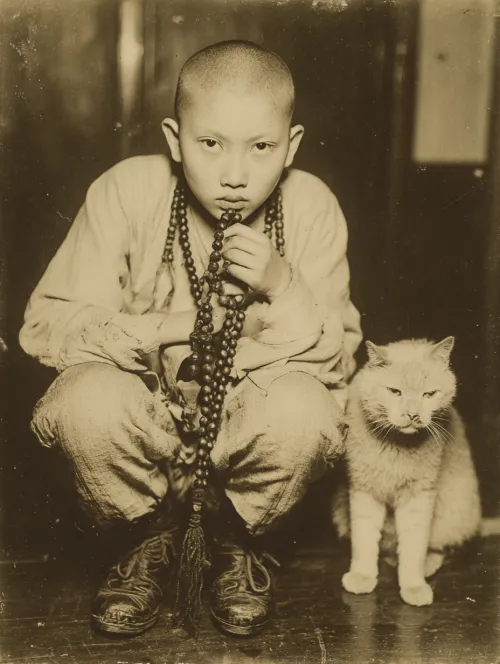 Photo of a boy with a shaved head, holding prayer beads next to a cat