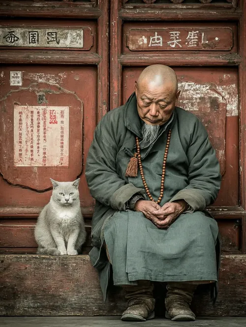 A monk with a short beard sits next to a gray cat by an old wall.