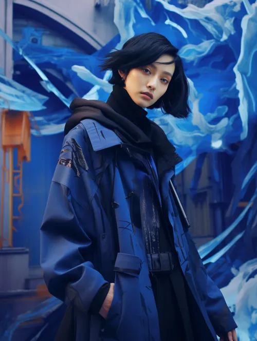 Young man in stylish clothes against an abstract blue backdrop