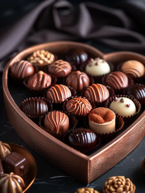 A box of beautiful chocolate candies of various types and colors