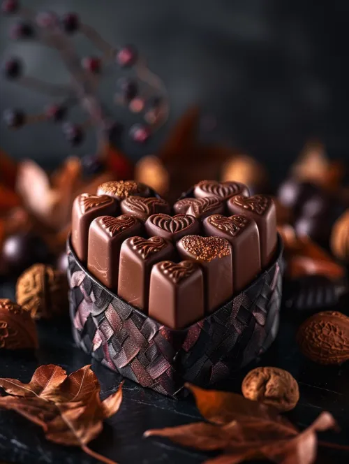Box of chocolate heart-shaped candies among autumn accessories