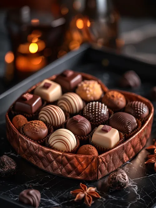 Artisan chocolate candies on a black background with golden lights
