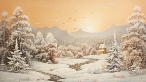Charming winter landscape with a house against the backdrop of snowy mountains and sunset