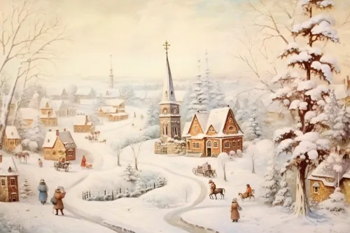 Fairy Tale Winter Landscape with Beautiful Houses and Snow