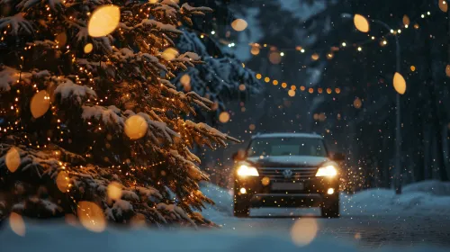 Noche invernal nevada con luces de colores en el árbol y un automóvil