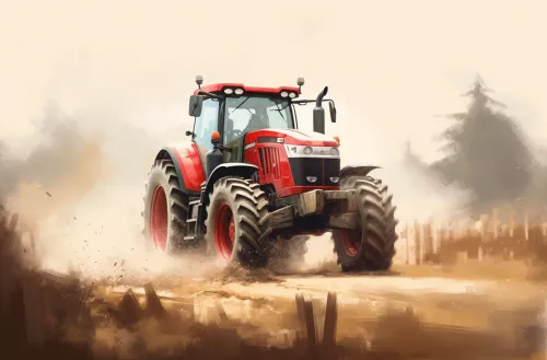 Un tractor rojo surca el campo, dejando tras de sí una nube de polvo