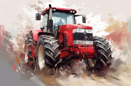 Tractor de color rojo trabajando en el campo con humo y barro