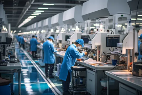 Trabajadores en bata azul ensamblando dispositivos electrónicos en la fábrica