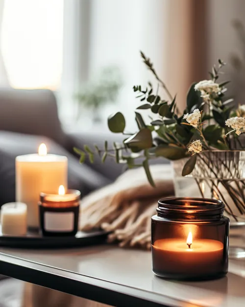 Mesa decorada con velas aromáticas y flores frescas en un ambiente acogedor.