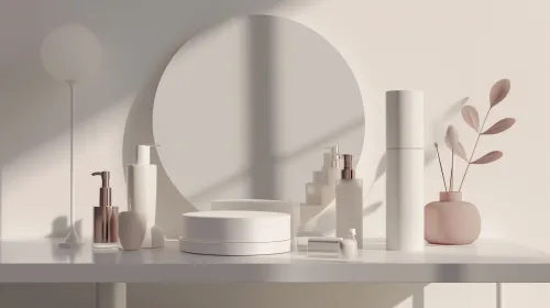 Cosmetic products and accessories on a white table