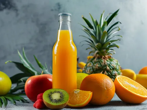 Стеклянная бутылка с соком и разнообразные фрукты на фоне
