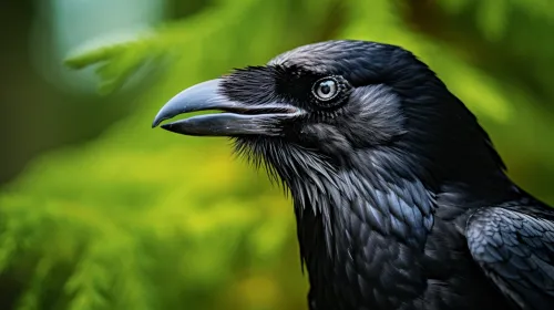 Image of a crow, focusing on the details of its head and feathers