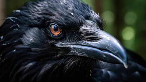 Close-up of a black crow with bright eyes and feather details