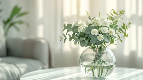 Delicate flowers in a clear vase on a light table