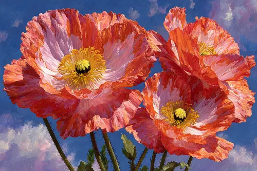 Three poppy flowers with bright petals on a blue background