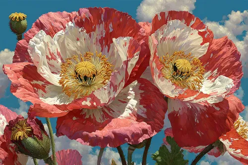 Close-up of poppies with bright petals and yellow centers
