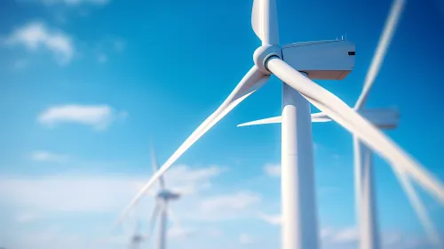 View of modern wind turbines against a clear sky with clouds