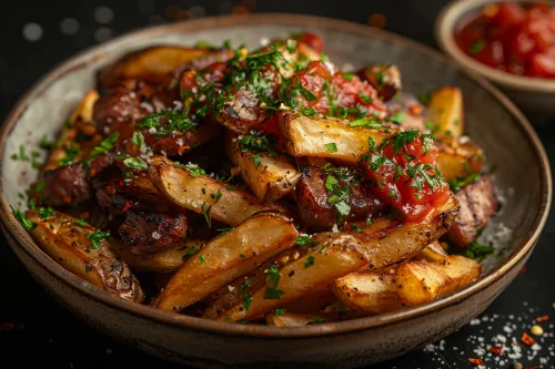 Нарезанные картофельные дольки с кусочками мяса и пряной зеленью