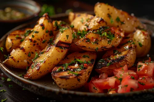 Imagen de unas apetitosas papas al horno decoradas con hierbas y tomates