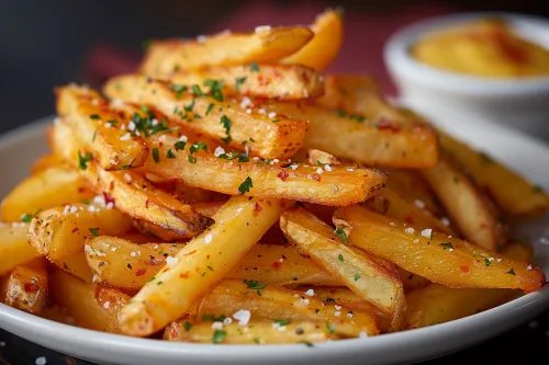 A serving of French fries sprinkled with greens and spices