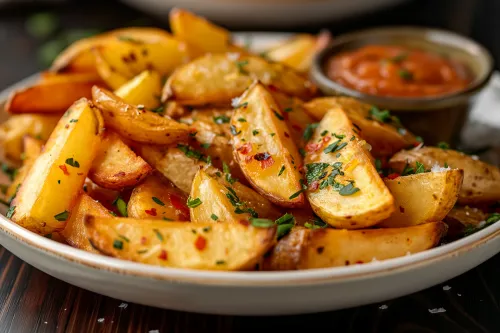 Запечённые картофельные дольки с зелёной петрушкой и соусом