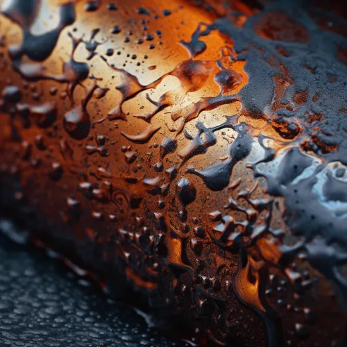 Microscopic shot of water droplets on a glass bottle with reflections
