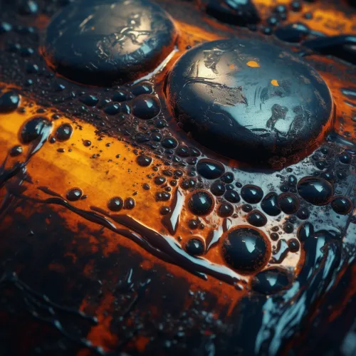 Close-up of water droplets on a smooth black surface with orange accents