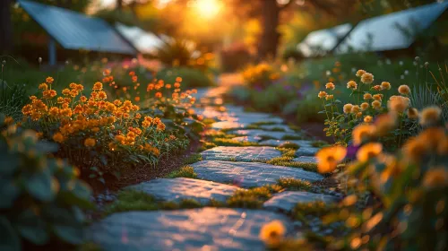 Cozy garden path surrounded by flowers, illuminated by the setting sun