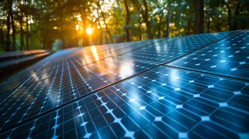 Close-up view of solar panels located in a forest at sunset