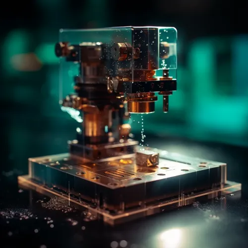 Detailed image of a mechanical installation with transparent elements and water droplets
