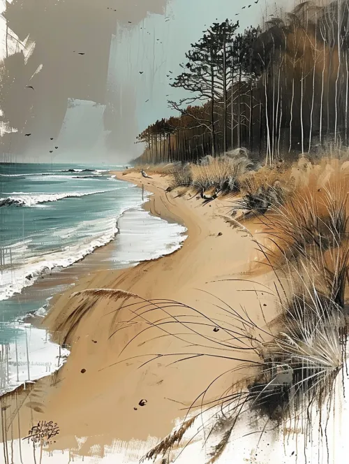Paisaje con playa y árboles contra un cielo gris