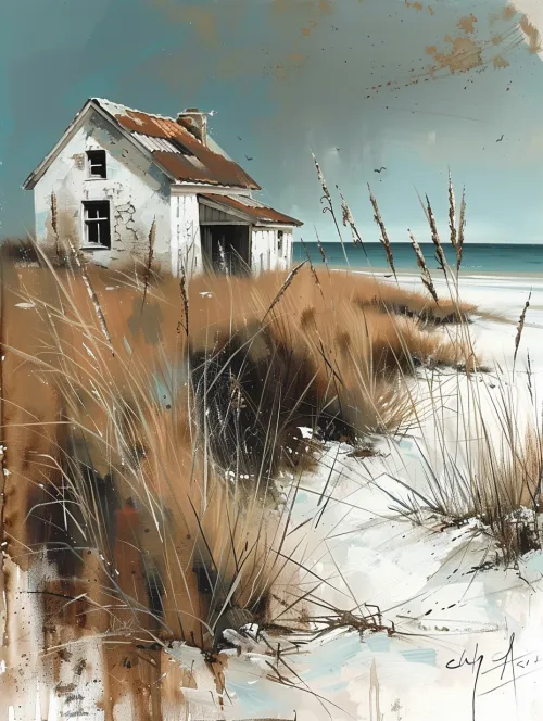 Old Shack on the Shore Among Tall Grass