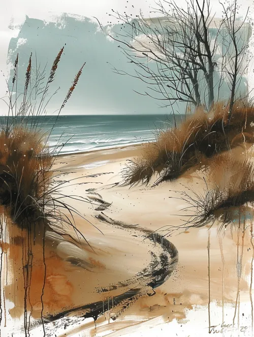 Picturesque beach landscape with vegetation and the sea on the horizon