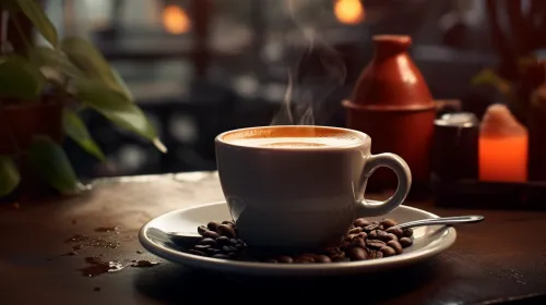 A cup of hot steaming coffee on a table with coffee beans and a plant
