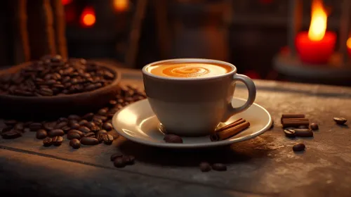 Aesthetic presentation of a coffee cup with cinnamon and coffee beans