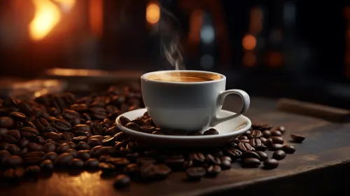 A steaming cup of coffee on a table, surrounded by coffee beans