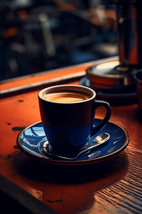 Café en una taza elegante sobre una superficie naranja