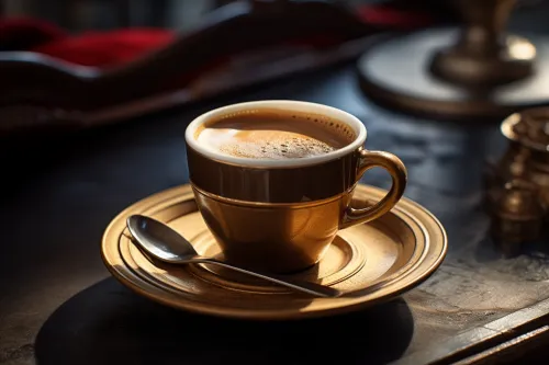 Taza dorada de café con cuchara en una hermosa mesa
