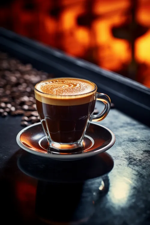 Glass cup with coffee on a black surface next to coffee beans