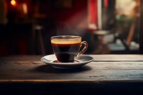 Stylish image of a cup of hot coffee on an antique table