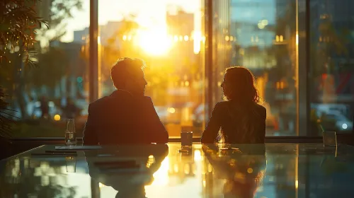 Mujer y hombre mirando el atardecer, sentados en la oficina junto a la ventana