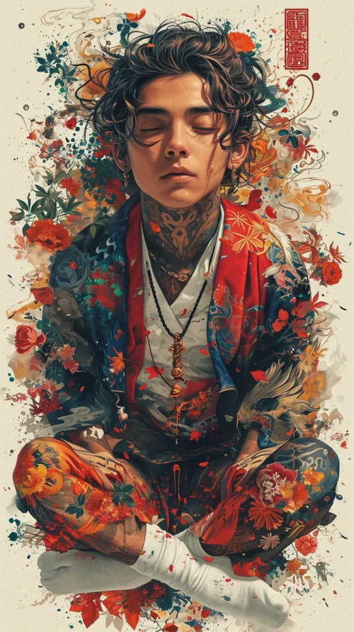 Retrato de un joven con los ojos cerrados y tatuajes coloridos