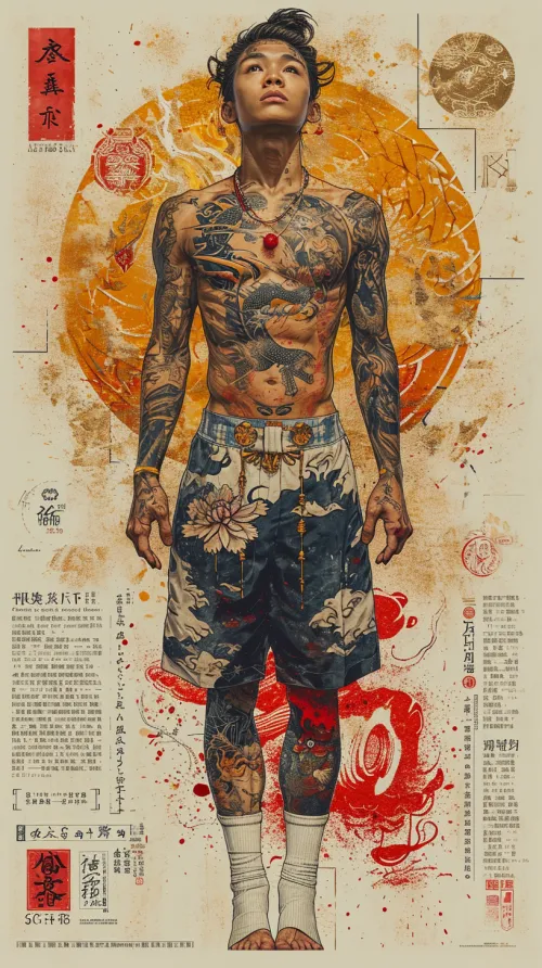 Chico con tatuajes y ornamentos orientales de fondo